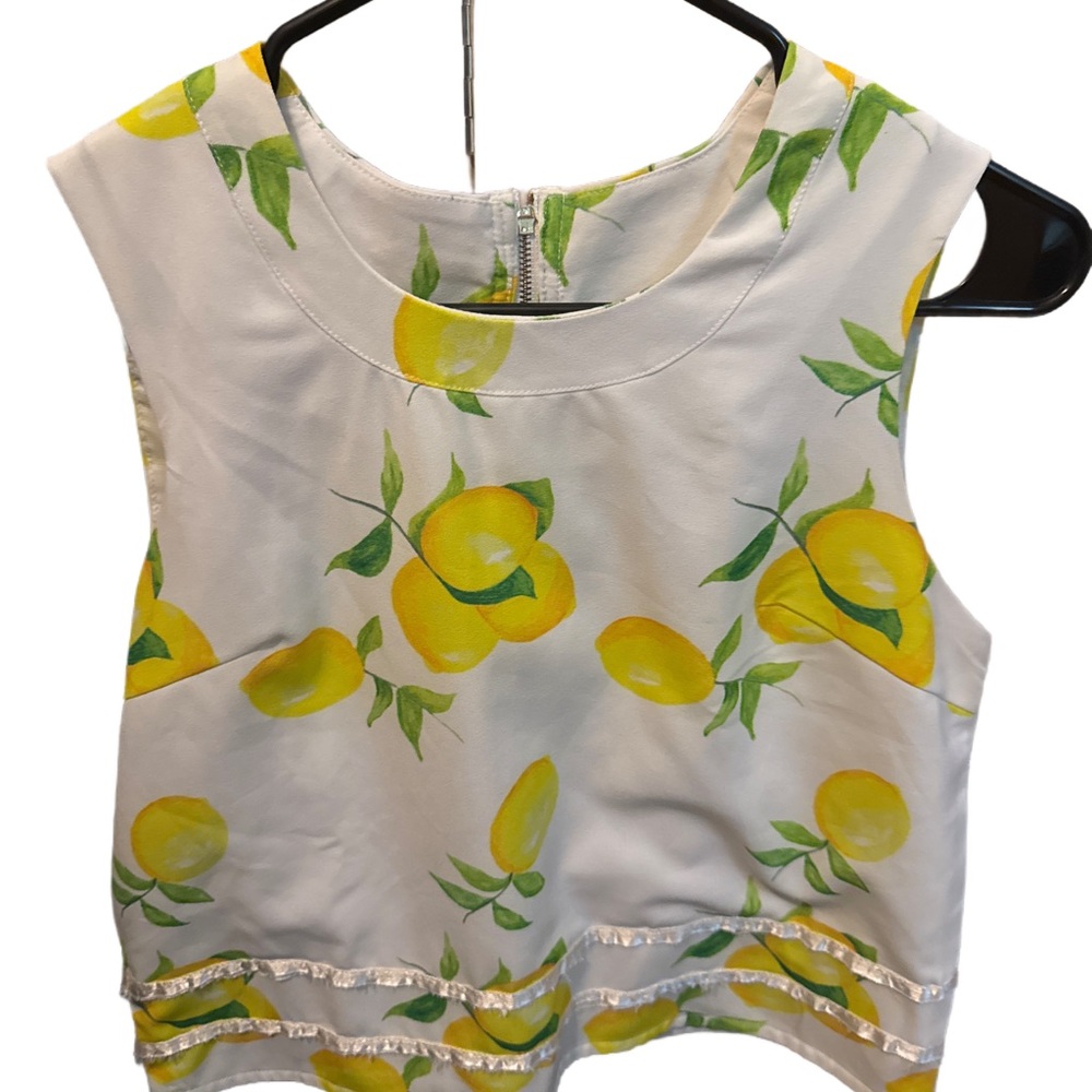White and Yellow Ruffled Crop Tank Top GUC